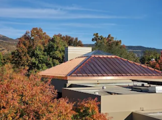 Building with copper roof and autumn trees against a blue sky.