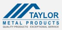 Taylor Metal Products logo: blue geometric design above text 