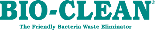 BIO-CLEAN logo, teal letters on white background. "The Friendly Bacteria Waste Eliminator" tagline below.