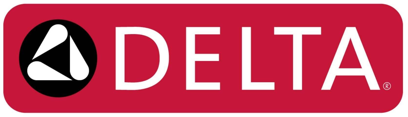 Delta logo: white "DELTA" text, corporate logo on a red rectangle.