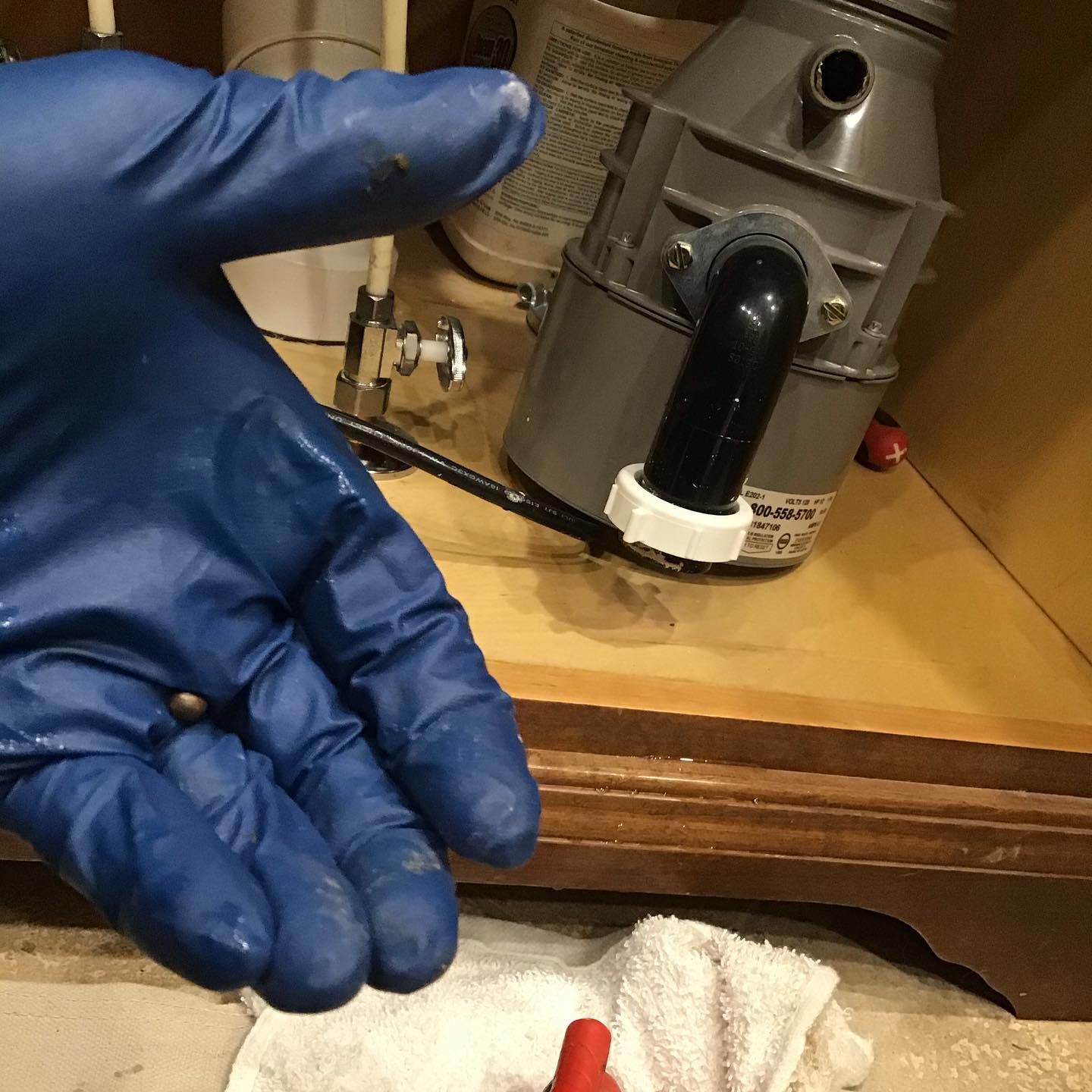 Blue-gloved hand near a garbage disposal under a sink. Water or liquid present.