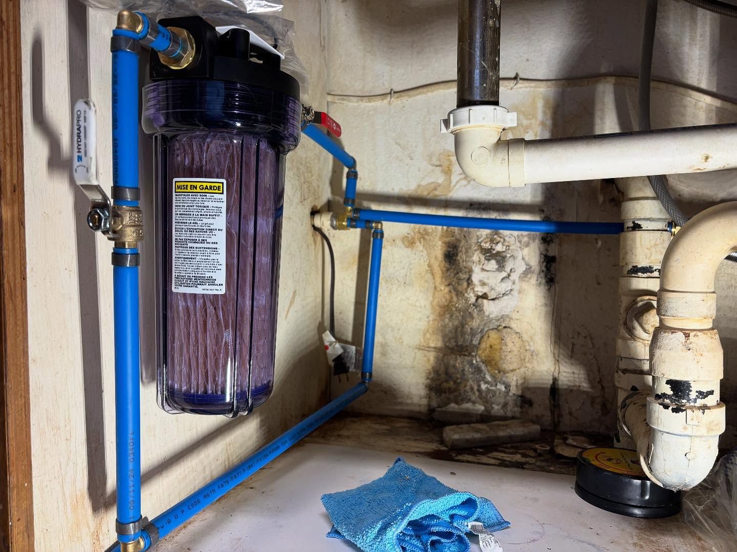 Water filter system with blue pipes installed in a basement.