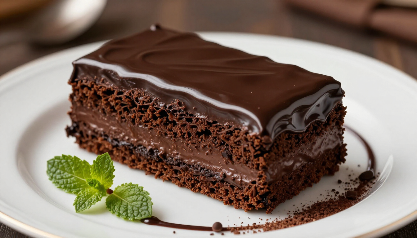 Torta al cioccolato ricca e vellutata con glassa lucida, presentazione da pasticceria italiana professionale.