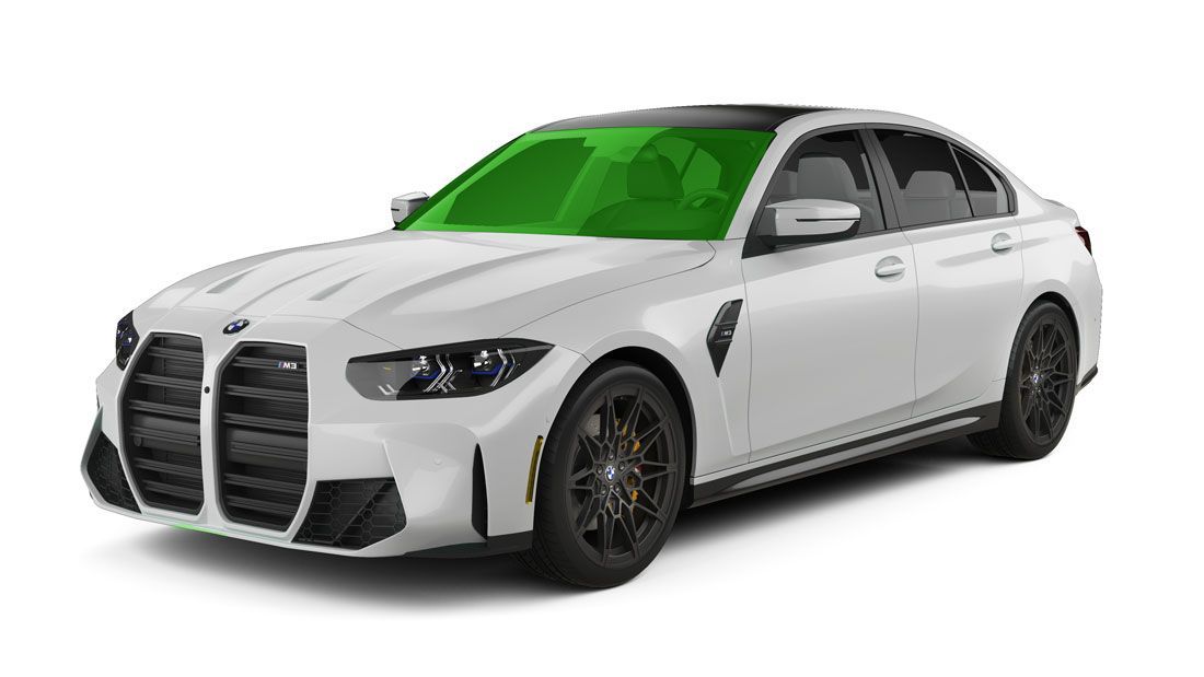 A white bmw m3 with a green windshield on a white background.