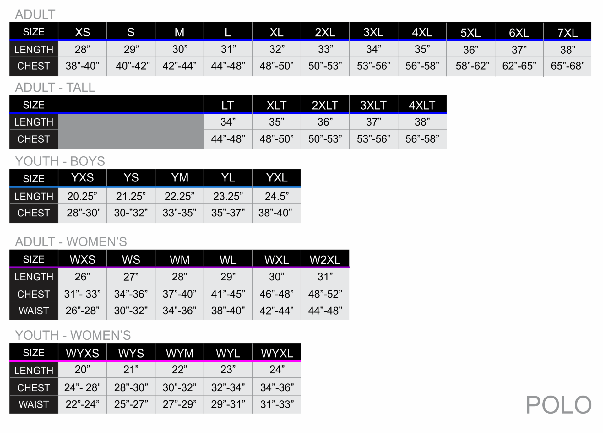 All over print polo sizing chart zexez