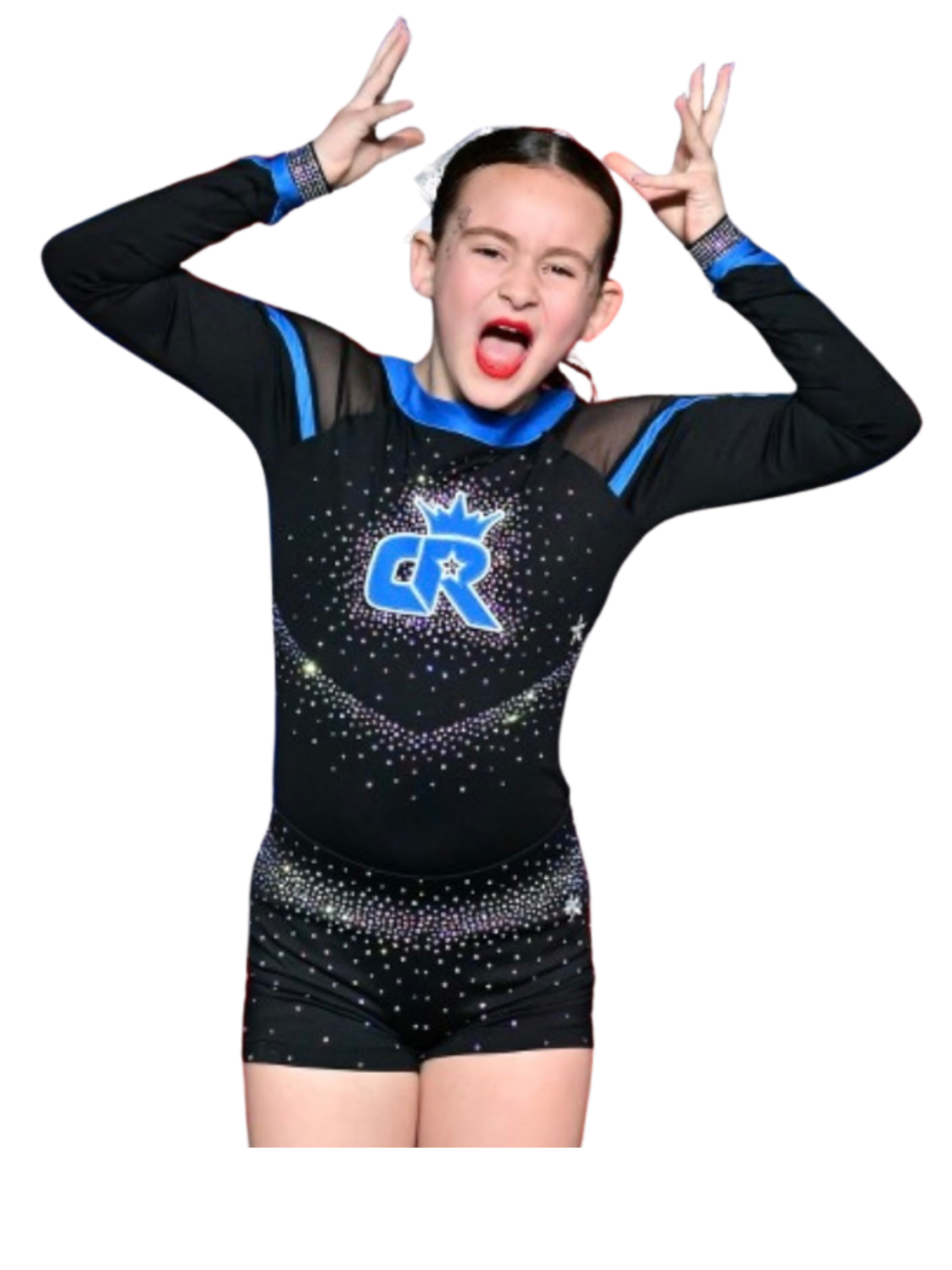 A young girl in a cheerleading uniform is making a funny face.