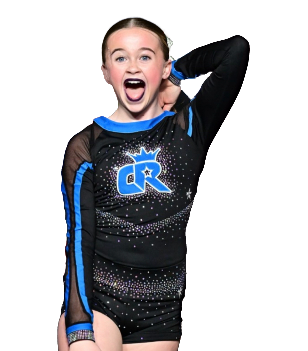 A cheerleader wearing a black and blue top with the letter cr on it