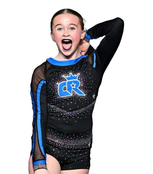 A cheerleader wearing a black and blue top with the letter cr on it