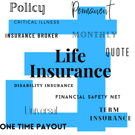 A white and blue collage of word in black writing saying Policy,Permanent,Critical Illness, Life Insurance, Disability Insurance, Financial Safety Net, Universal, One Time Payout, Term Insurance