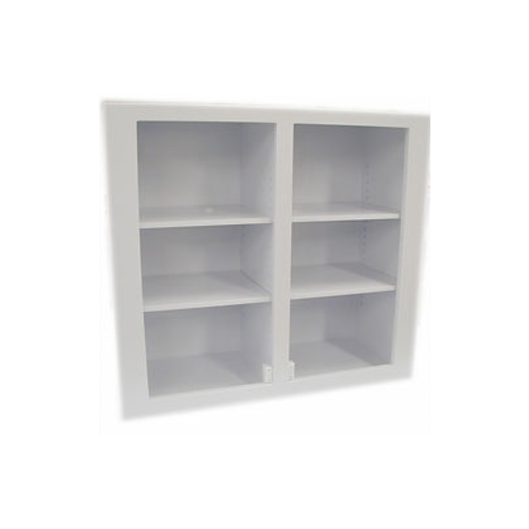 A white shelf with glass doors and shelves on a white background.