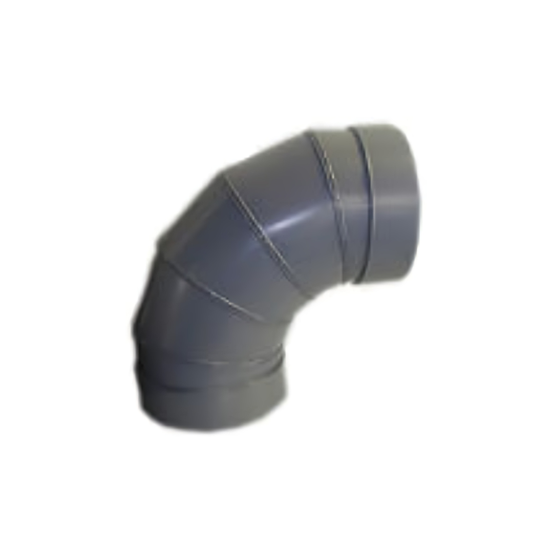 A close up of a gray pipe elbow on a white background.