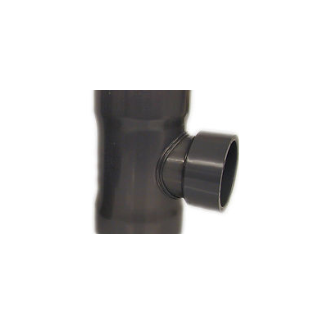 A close up of a black pipe connector on a white background.