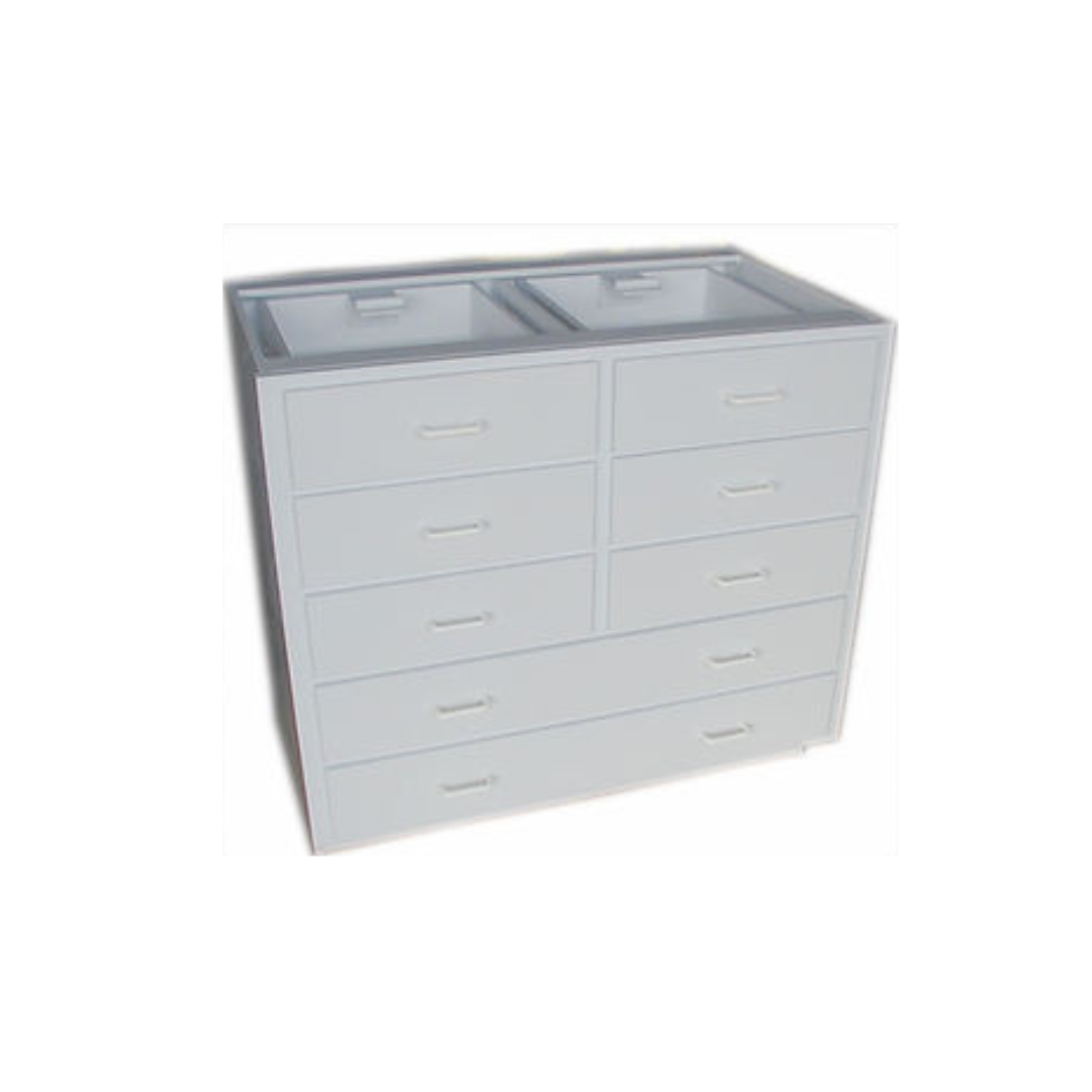 A white dresser with two sinks on top of it