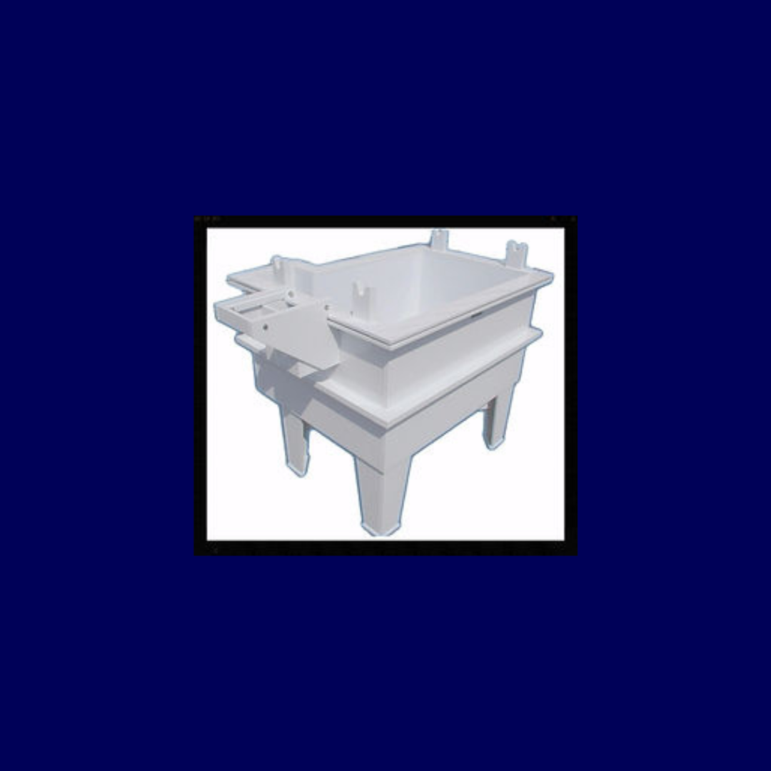 A white plastic container with a blue background and a black frame.