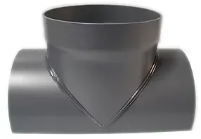 A close up of a gray plastic pipe on a white background.