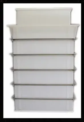 A stack of white plastic bins with metal shelves on a white background.