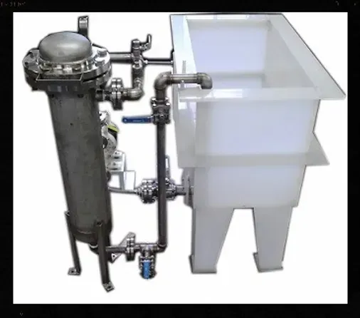 A sink with a stainless steel filter attached to it