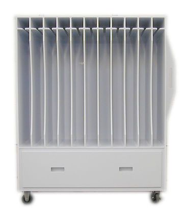 A white cabinet with a drawer and wheels on a white background.