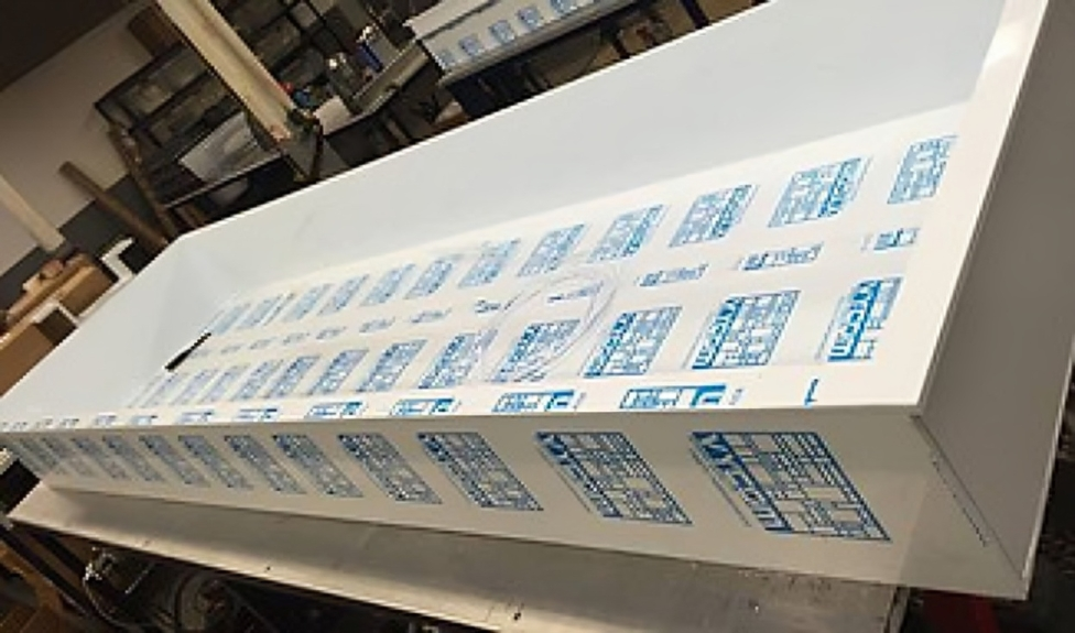 A large white box with blue letters on it
