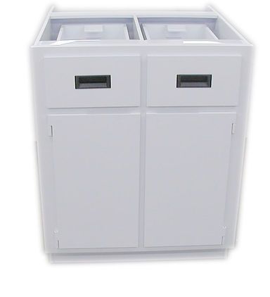 A white cabinet with two drawers and two doors on a white background.