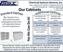 A brochure for chemical systems services inc. shows their cabinets and additional options.