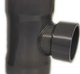 A close up of a black pipe on a white background.
