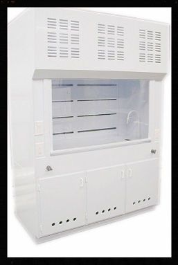 A white cabinet with a glass door and a hood