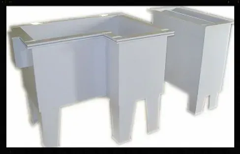 Three white plastic sinks are sitting next to each other on a white surface.