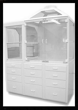 A white cabinet with drawers and glass doors on a white background.
