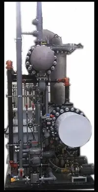 A large machine with a lot of pipes and valves on a white background.