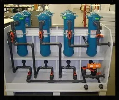 A bunch of blue pipes are connected to each other