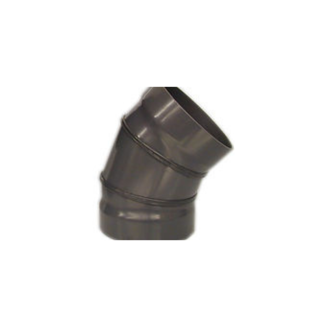 A close up of a pipe elbow on a white background.