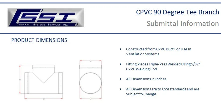 A product dimensions sheet for a pvc 90 degree tee branch