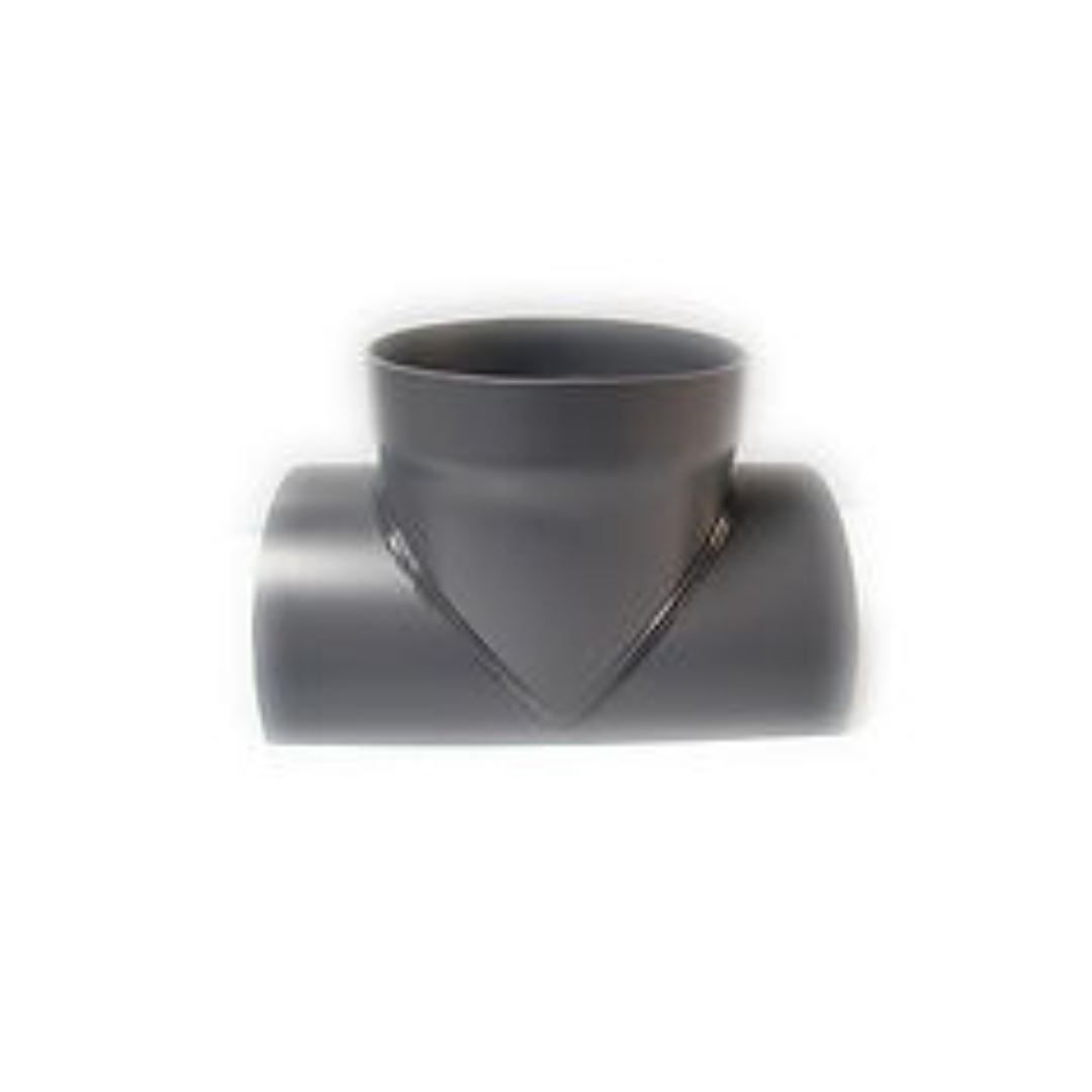 A close up of a pvc tee on a white background.