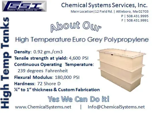 An advertisement for high temp tanks by chemical systems services inc.