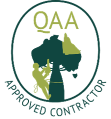 A logo for an approved contractor with a man climbing a tree.