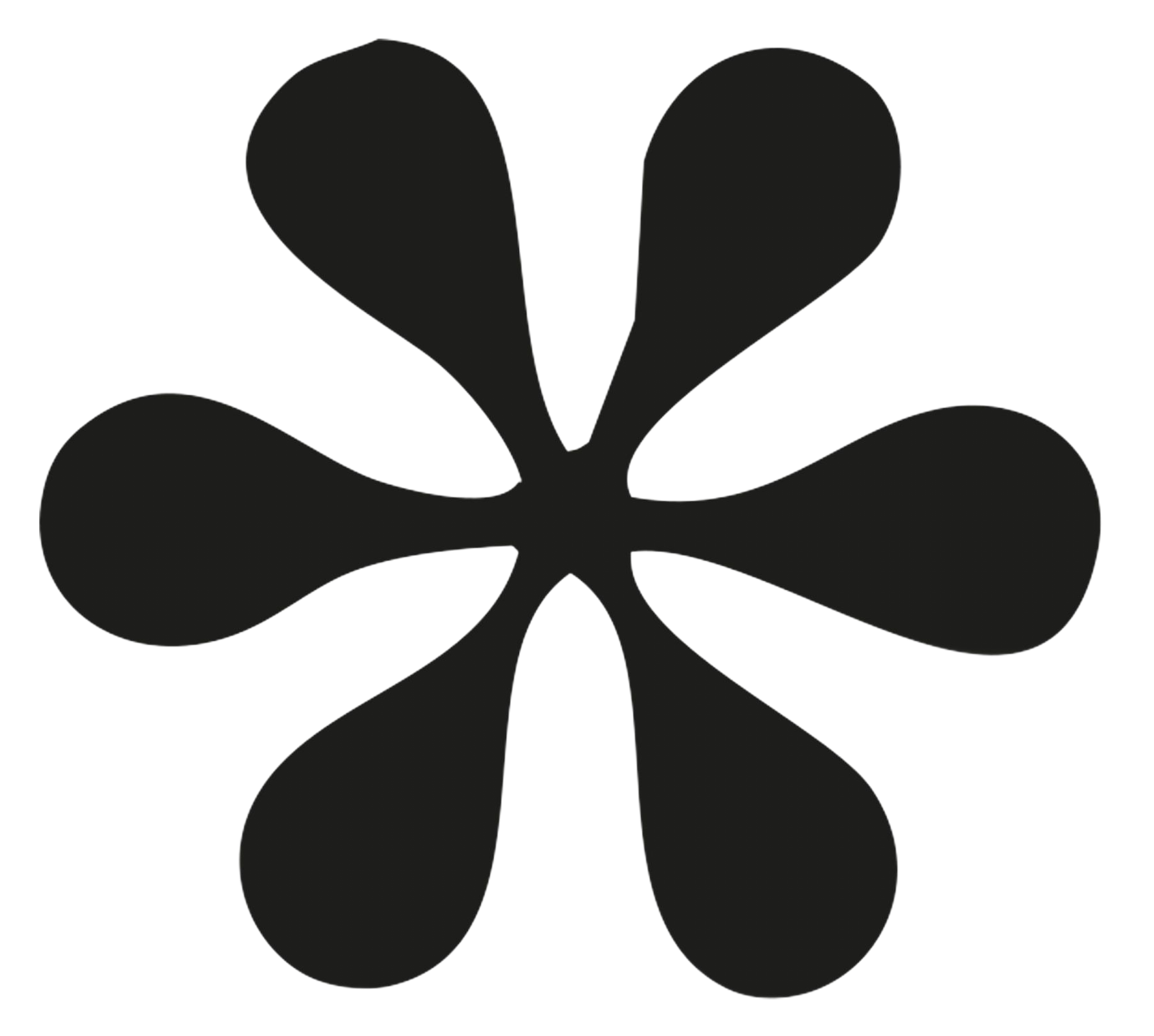 Fiore nero a sei petali, simmetrico con un punto centrale.