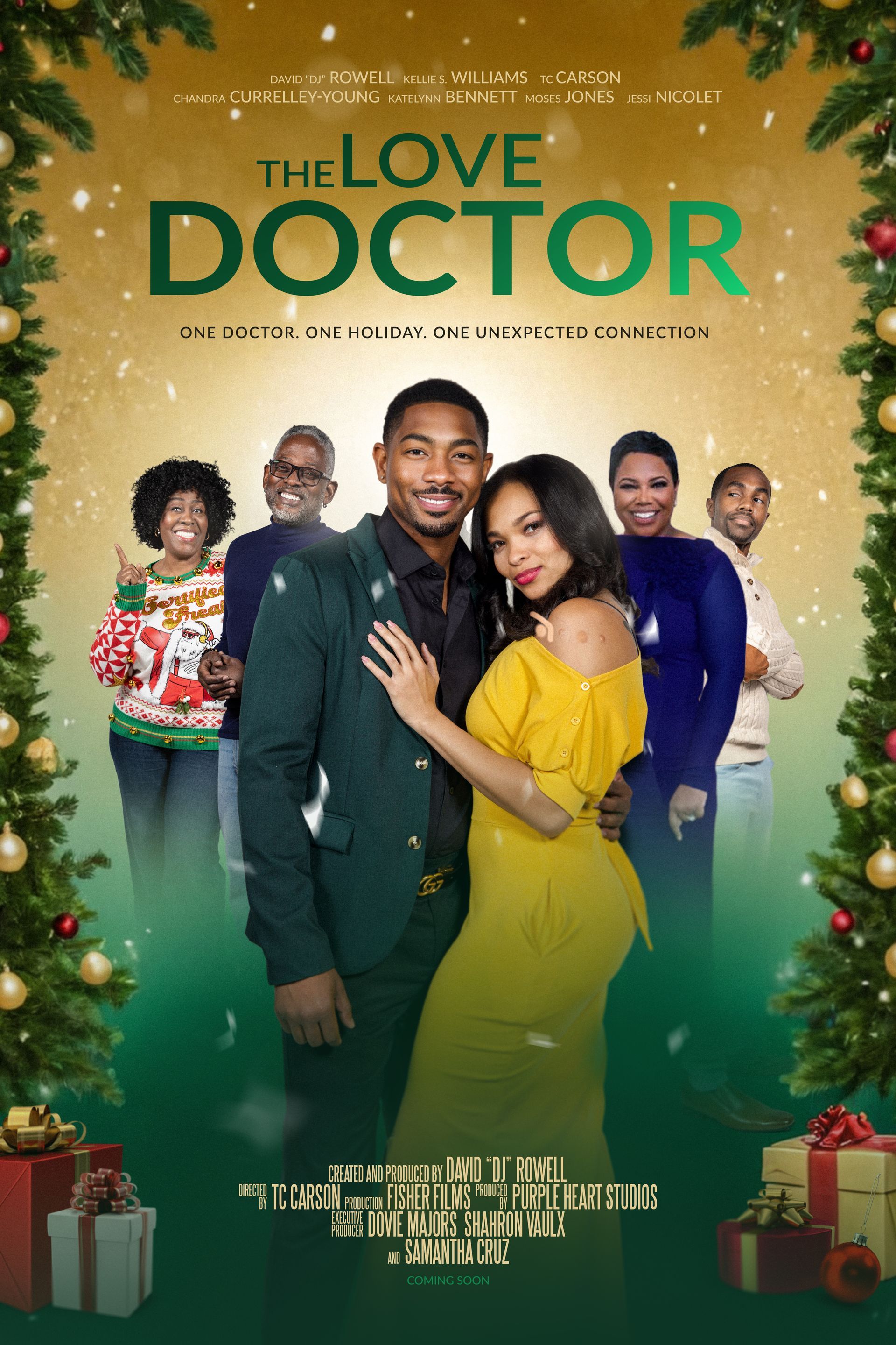 Movie poster: A couple in formal attire, surrounded by other people, with a Christmas tree setting.