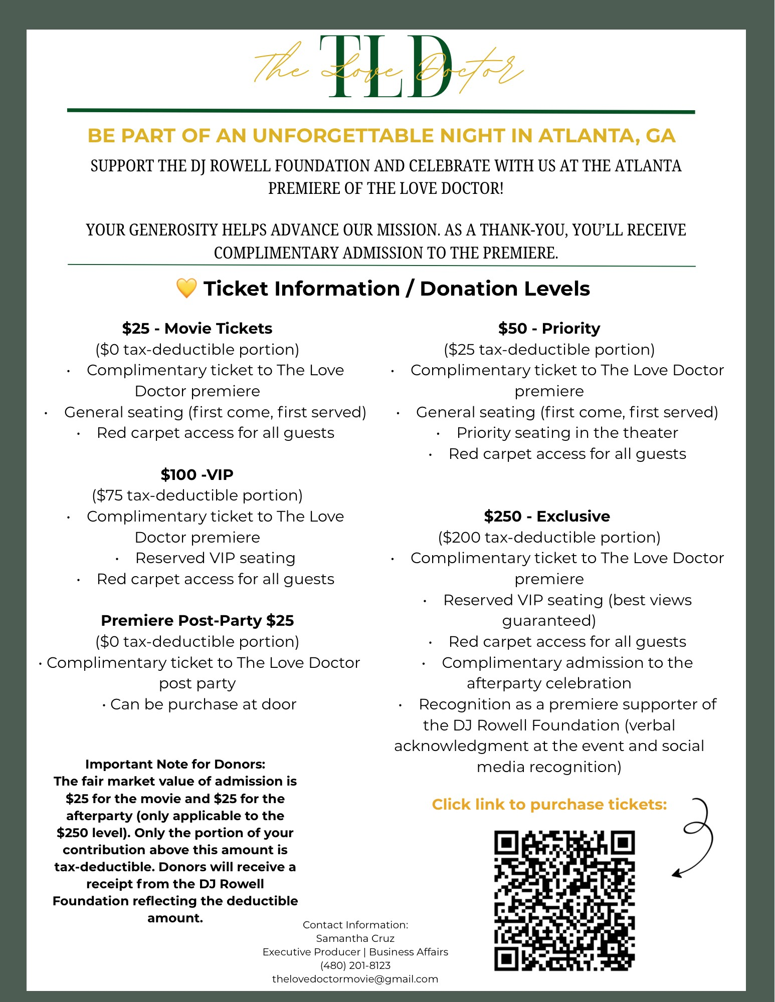 Flyer for The TLD Girl event in Atlanta, GA. Ticket levels and benefits are listed. Green and gold text on a white background.