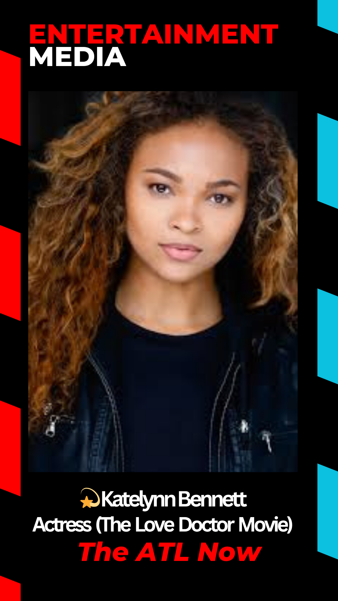 Katelynn Bennett, actress, portrait; black top, leather jacket, Entertainment Media logo, 