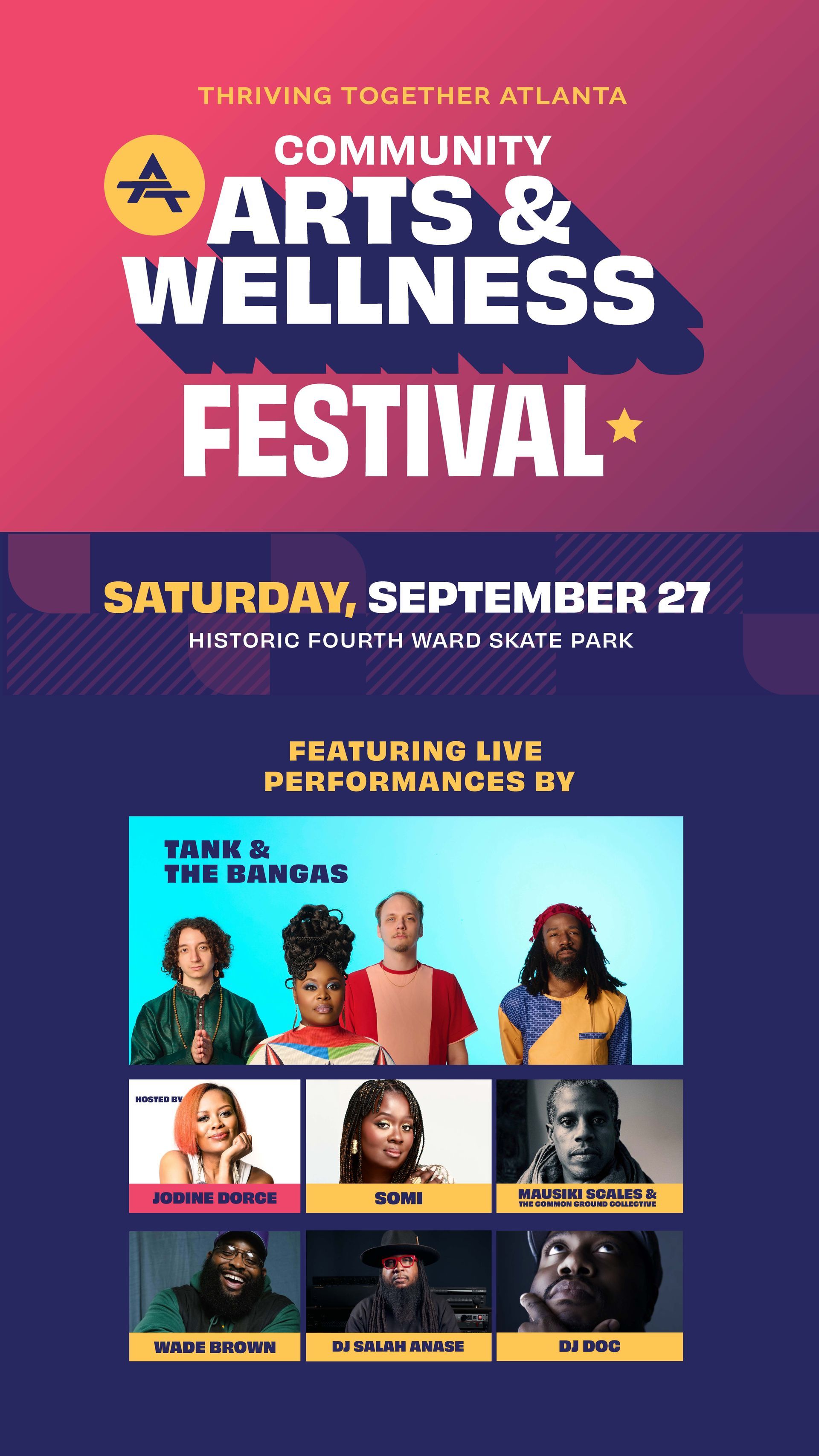 Poster for the Atlanta Community Arts & Wellness Festival on September 27. Features live performances.