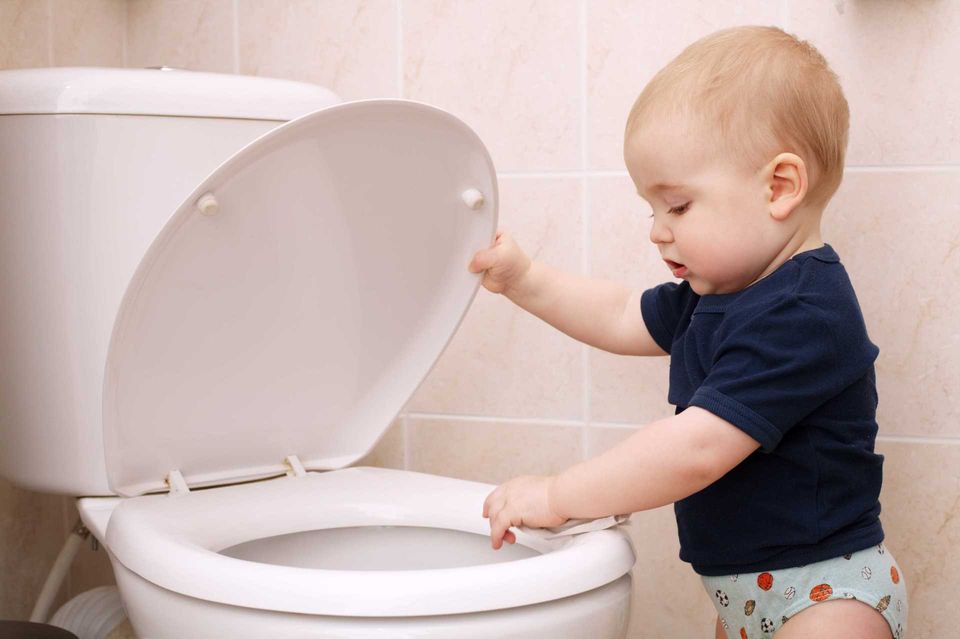 toddler about to flush something down the toilet