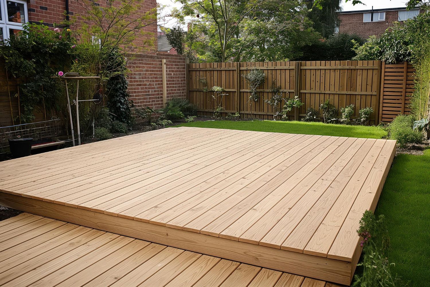 A large wooden deck in a backyard with a wooden fence.