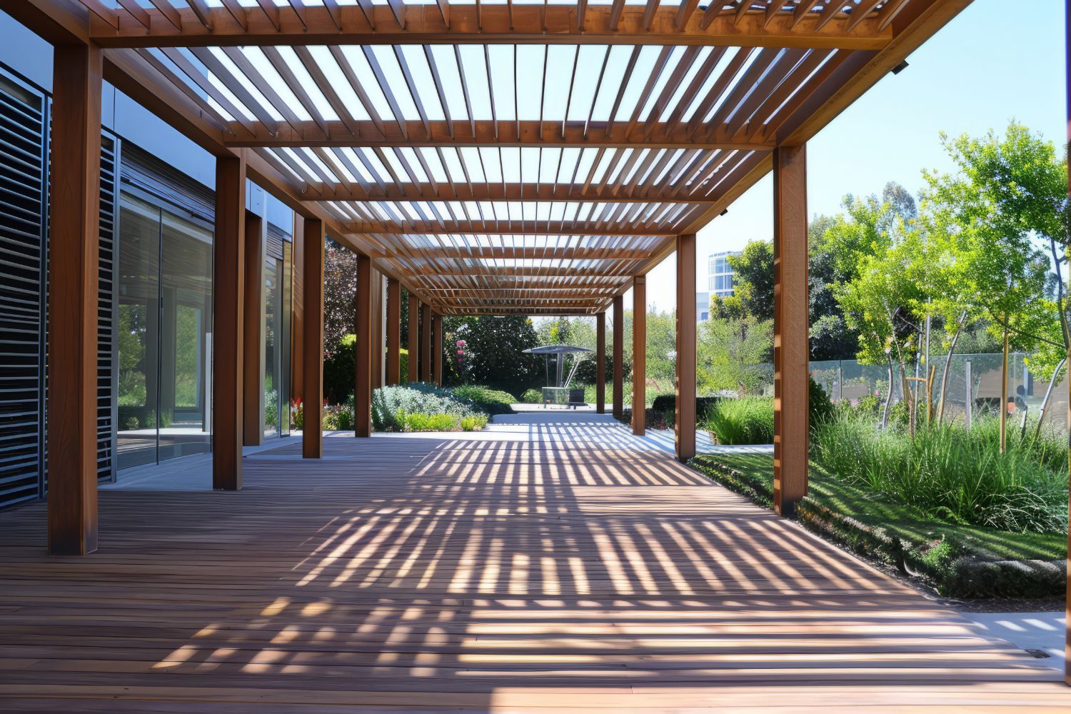 A wooden walkway with a pergola over it