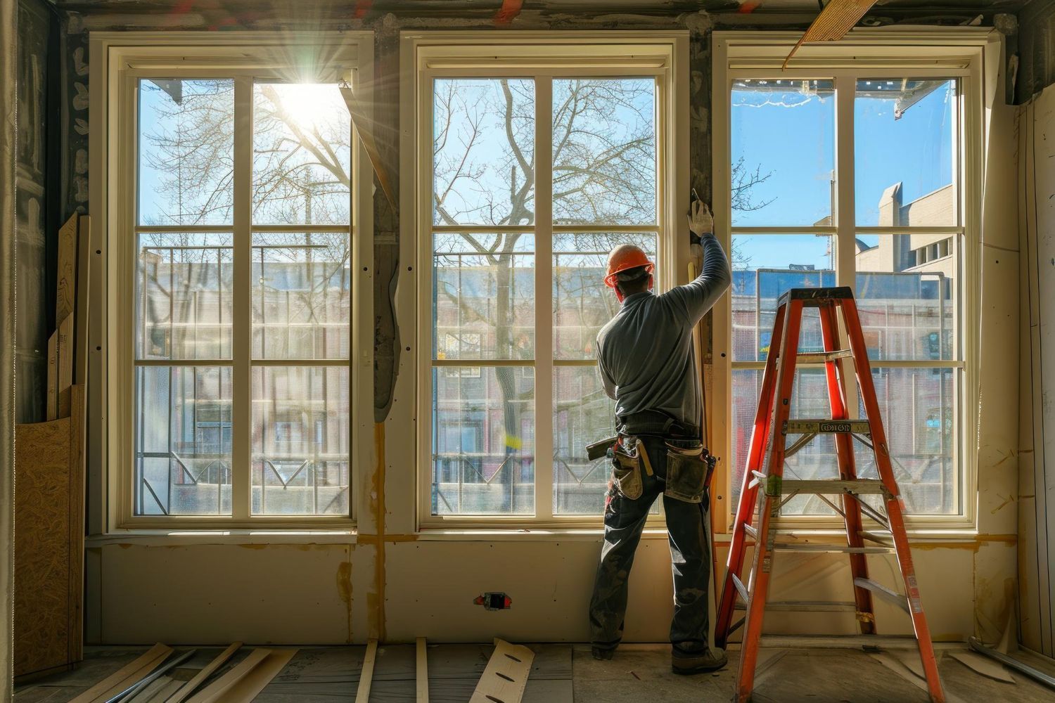 A man is installing a window in a room with a ladder.