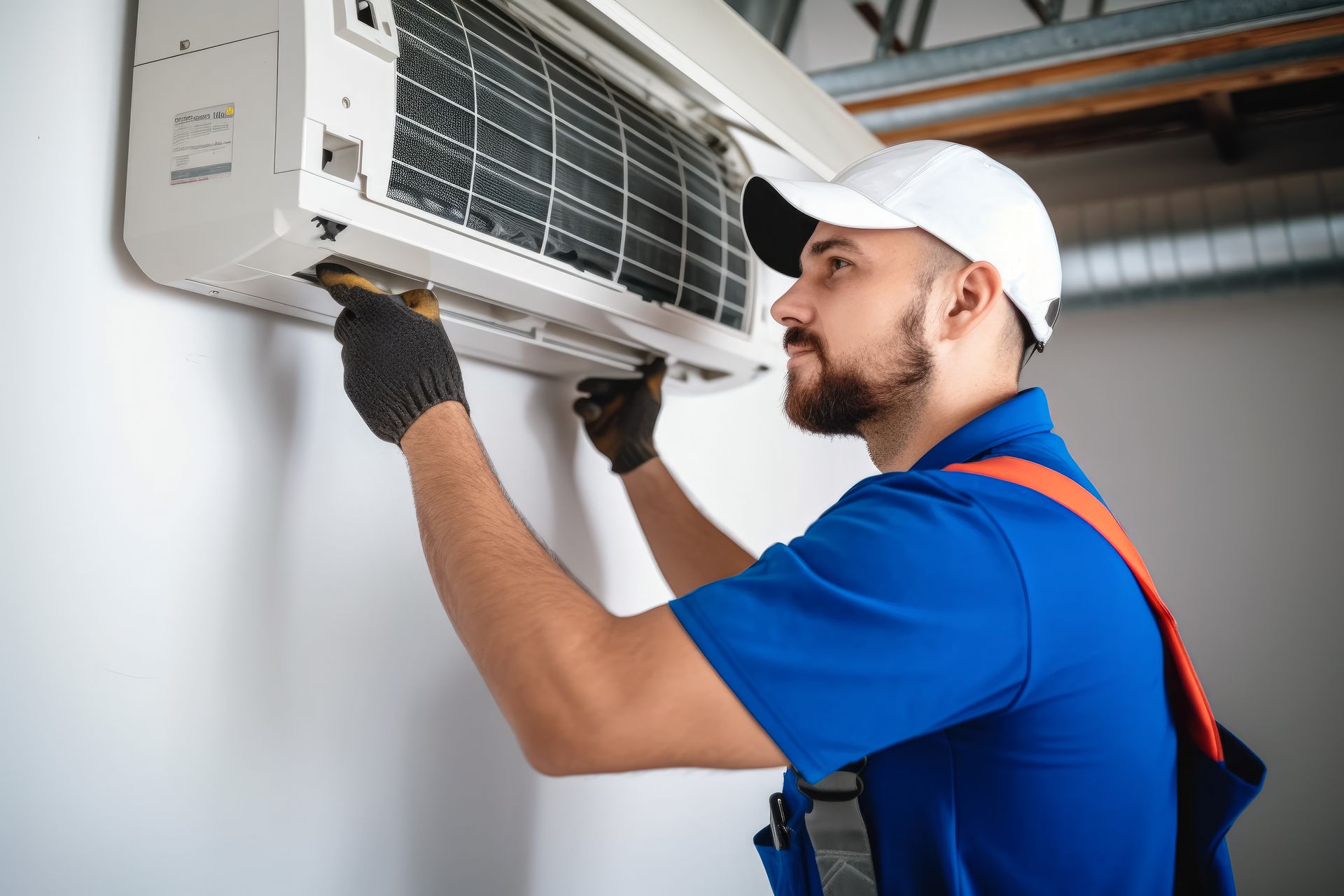 Technician in blue uniform servicing wall-mounted AC unit indoors.>