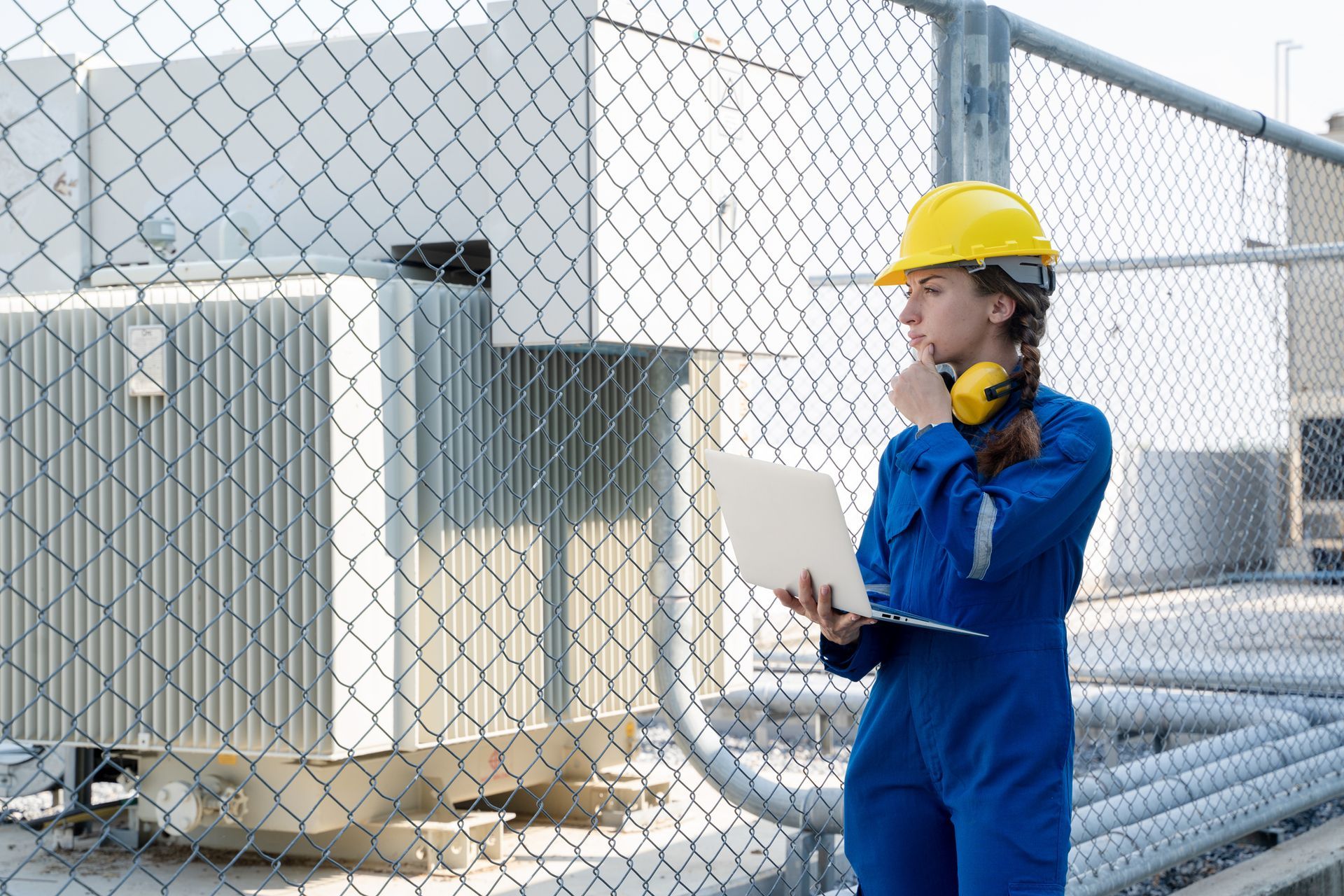 An engineer in blue coveralls and a yellow hard hat inspecting the air conditioning system. An engineer in blue coveralls and a yellow hard hat inspecting the air conditioning system.