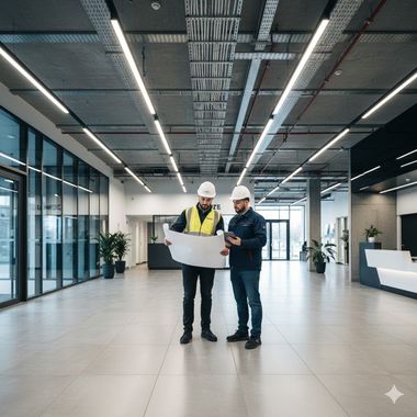 Two construction workers in hard hats review blueprints in a large, open office space.
