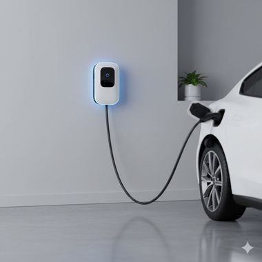 White electric car charging from a wall-mounted charging station in a garage.