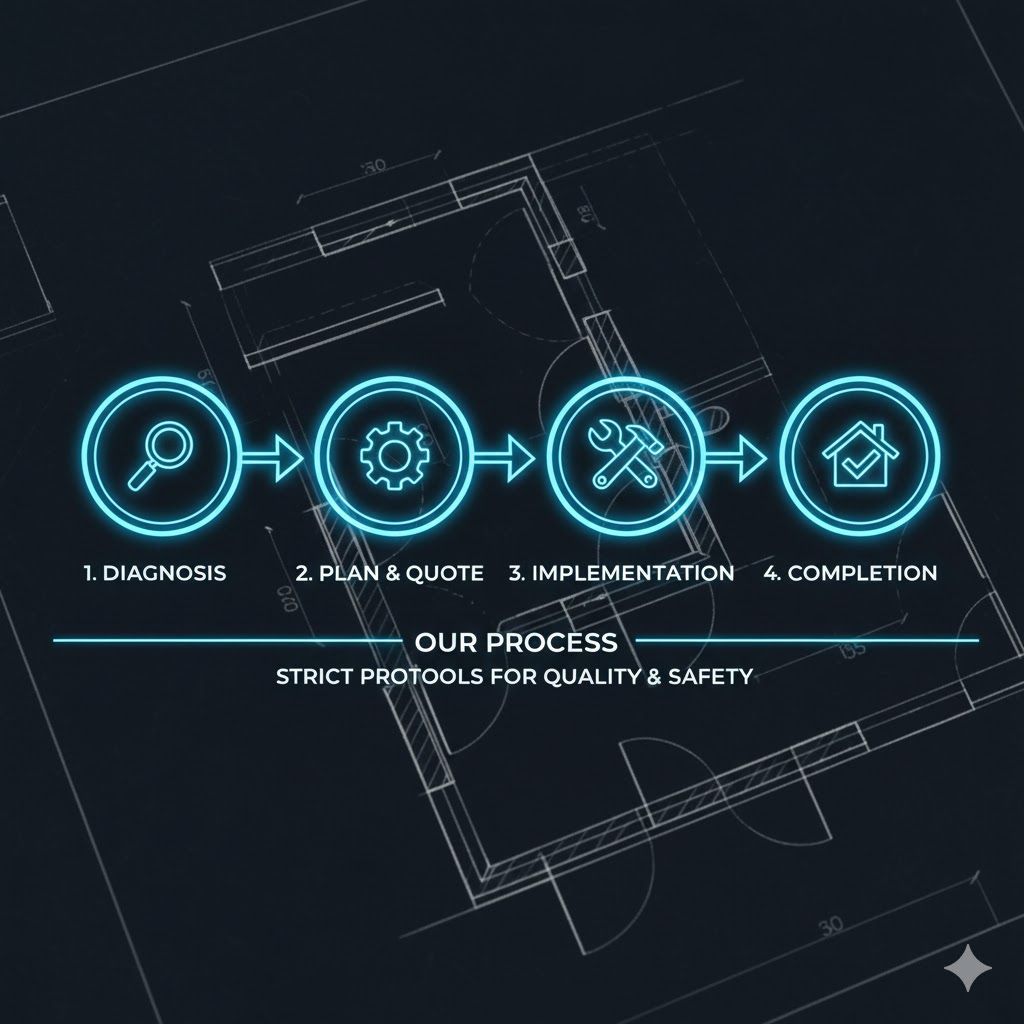 Diagram of a four-step process: diagnosis, plan & quote, implementation, completion.